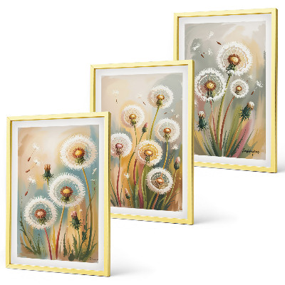 Bilder-3er-set mit rahmen Löwenzahnblüten, pastellfarbene Gräser