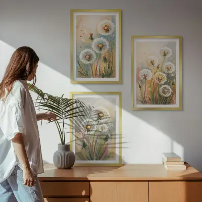 Löwenzahnbild-Set mit Rahmen drei Bilder mit Löwenzahnblüten und pastellfarbenen Gräsern
