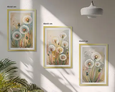 Löwenzahnbild-Set mit Rahmen drei Bilder mit Löwenzahnblüten und pastellfarbenen Gräsern