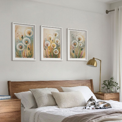 Bilder-3er-set mit rahmen Löwenzahnblüten, pastellfarbene Gräser
