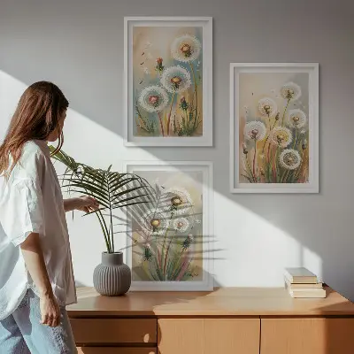 Löwenzahnbild-Set mit Rahmen drei Bilder mit Löwenzahnblüten und pastellfarbenen Gräsern