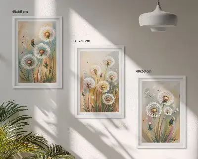 Löwenzahnbild-Set mit Rahmen drei Bilder mit Löwenzahnblüten und pastellfarbenen Gräsern