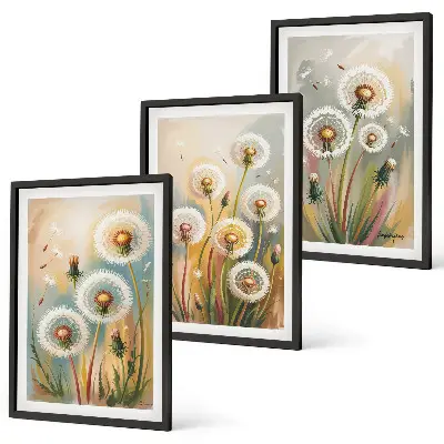 Löwenzahnbild-Set mit Rahmen drei Bilder mit Löwenzahnblüten und pastellfarbenen Gräsern