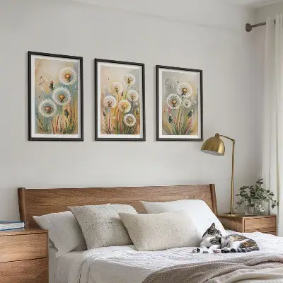 Löwenzahnbild-Set mit Rahmen drei Bilder mit Löwenzahnblüten und pastellfarbenen Gräsern