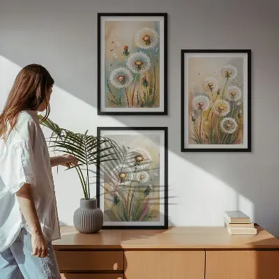Löwenzahnbild-Set mit Rahmen drei Bilder mit Löwenzahnblüten und pastellfarbenen Gräsern