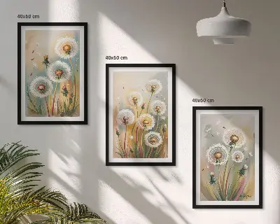 Löwenzahnbild-Set mit Rahmen drei Bilder mit Löwenzahnblüten und pastellfarbenen Gräsern