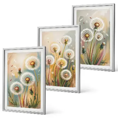 Löwenzahnbild-Set mit Rahmen drei Bilder mit Löwenzahnblüten und pastellfarbenen Gräsern