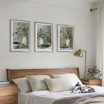 3er-Set Bilder mit Rahmen Motiv Oliven in grauen Vasen