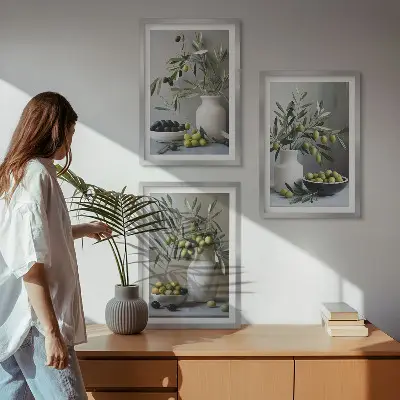 3er-Set Bilder mit Rahmen Motiv Oliven in grauen Vasen