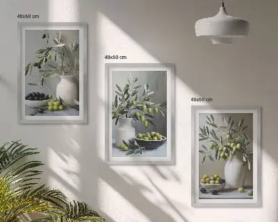 3er-Set Bilder mit Rahmen Motiv Oliven in grauen Vasen