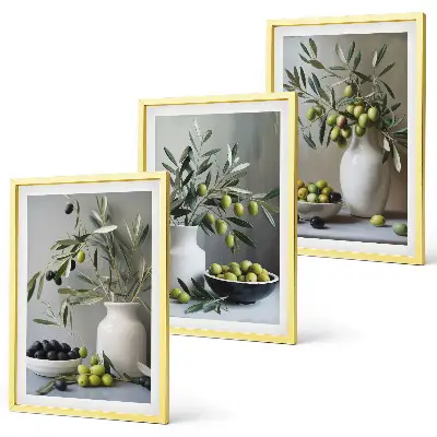 3er-Set Bilder mit Rahmen Motiv Oliven in grauen Vasen