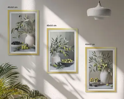 3er-Set Bilder mit Rahmen Motiv Oliven in grauen Vasen