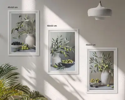 3er-Set Bilder mit Rahmen Motiv Oliven in grauen Vasen