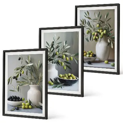 3er-Set Bilder mit Rahmen Motiv Oliven in grauen Vasen