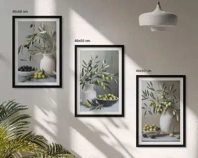 3er-Set Bilder mit Rahmen Motiv Oliven in grauen Vasen