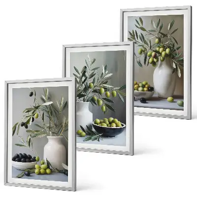 3er-Set Bilder mit Rahmen Motiv Oliven in grauen Vasen