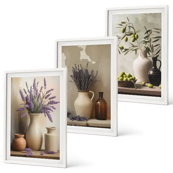 Blumen in Vasen Bilder-3er-Set mit Rahmen in Oliven-Dekor