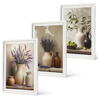 Bilder-3er-set mit rahmen Blumen in Vasen, Oliven, Dekorationen