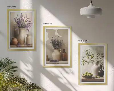 Blumen in Vasen Bilder-3er-Set mit Rahmen in Oliven-Dekor