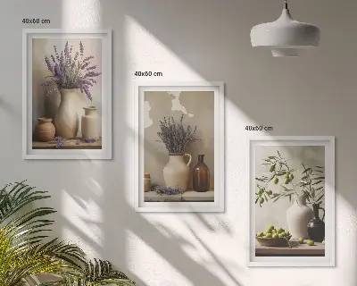 Blumen in Vasen Bilder-3er-Set mit Rahmen in Oliven-Dekor