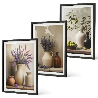 Blumen in Vasen Bilder-3er-Set mit Rahmen in Oliven-Dekor