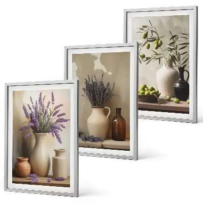 Blumen in Vasen Bilder-3er-Set mit Rahmen in Oliven-Dekor