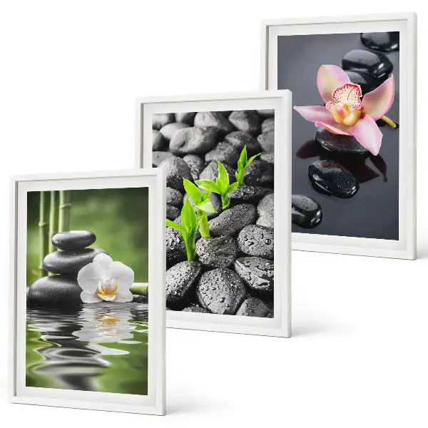 Gerahmtes Bilderset ruhige Zen-Komposition mit Blumen und Wasser