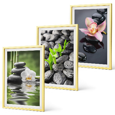 Gerahmtes bilderset Eine ruhige Zen-Komposition aus Blumen und Wasser