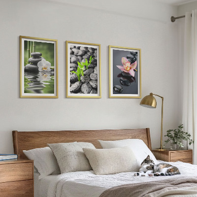 Gerahmtes bilderset Eine ruhige Zen-Komposition aus Blumen und Wasser