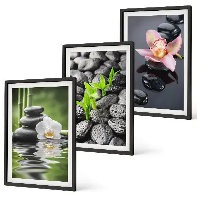 Gerahmtes Bilderset ruhige Zen-Komposition mit Blumen und Wasser