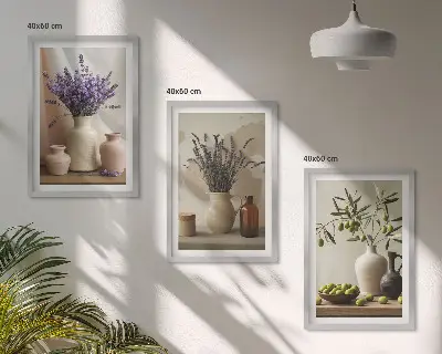 3-teiliges Bilder-Set mit Rahmen mit Lavendelblüten, Oliven und Gefäßen