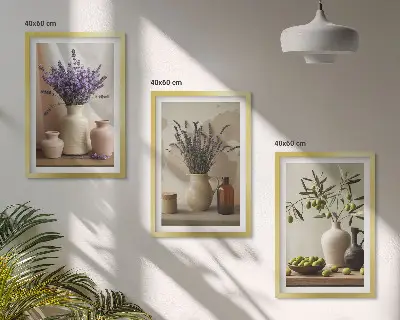 3-teiliges Bilder-Set mit Rahmen mit Lavendelblüten, Oliven und Gefäßen