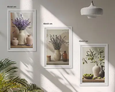 3-teiliges Bilder-Set mit Rahmen mit Lavendelblüten, Oliven und Gefäßen