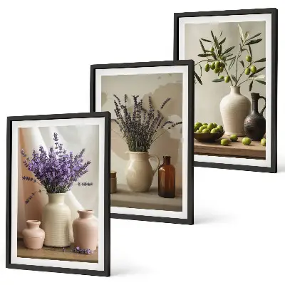 3-teiliges Bilder-Set mit Rahmen mit Lavendelblüten, Oliven und Gefäßen