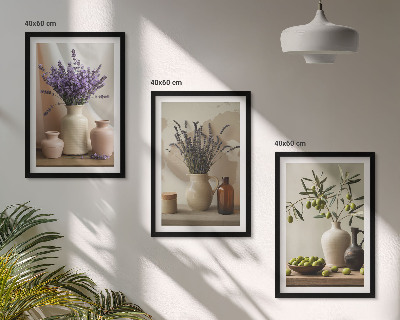 Bilder-3er-set mit rahmen Lavendelblüten, Oliven, Gefäße