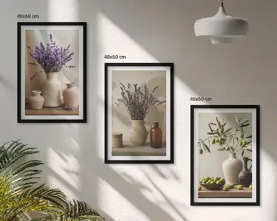 3-teiliges Bilder-Set mit Rahmen mit Lavendelblüten, Oliven und Gefäßen