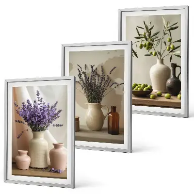 3-teiliges Bilder-Set mit Rahmen mit Lavendelblüten, Oliven und Gefäßen