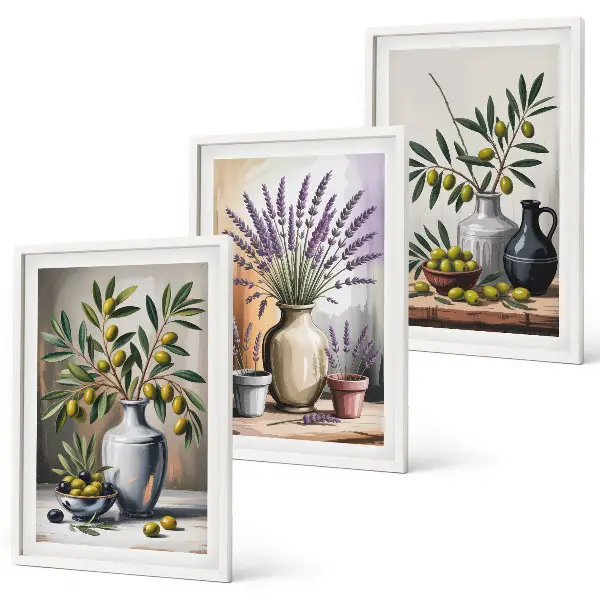 Gerahmtes Bilderset mit Olivenblüten in Vasen als Hintergrundmotiv