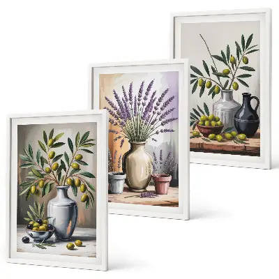 Gerahmtes Bilderset mit Olivenblüten in Vasen als Hintergrundmotiv