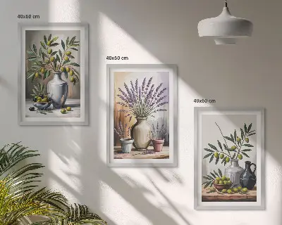 Gerahmtes Bilderset mit Olivenblüten in Vasen als Hintergrundmotiv