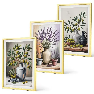 Gerahmtes Bilderset mit Olivenblüten in Vasen als Hintergrundmotiv