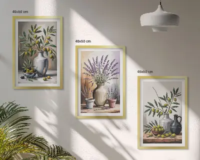 Gerahmtes Bilderset mit Olivenblüten in Vasen als Hintergrundmotiv