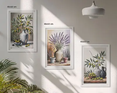 Gerahmtes Bilderset mit Olivenblüten in Vasen als Hintergrundmotiv