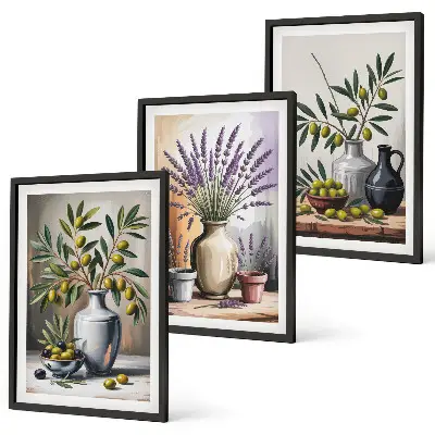 Gerahmtes Bilderset mit Olivenblüten in Vasen als Hintergrundmotiv