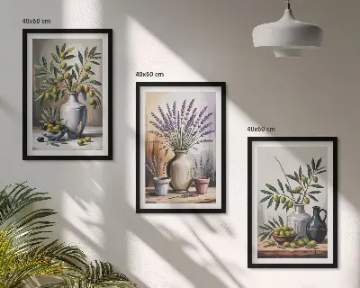 Gerahmtes Bilderset mit Olivenblüten in Vasen als Hintergrundmotiv
