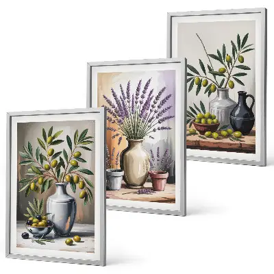 Gerahmtes Bilderset mit Olivenblüten in Vasen als Hintergrundmotiv