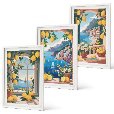Bilder-3er-set mit rahmen Meerblick, italienische Zitronen