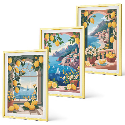 Bilder-3er-set mit rahmen Meerblick, italienische Zitronen