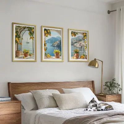 Zitronenblumen aus der Küstenstadt 3er-Set Bilder mit Rahmen