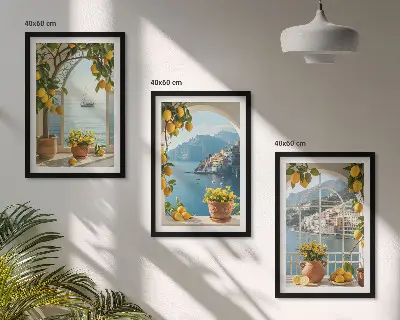 Zitronenblumen aus der Küstenstadt 3er-Set Bilder mit Rahmen